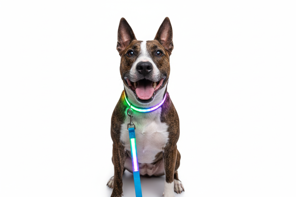 Brindle dog with LED light-emitting dog leash