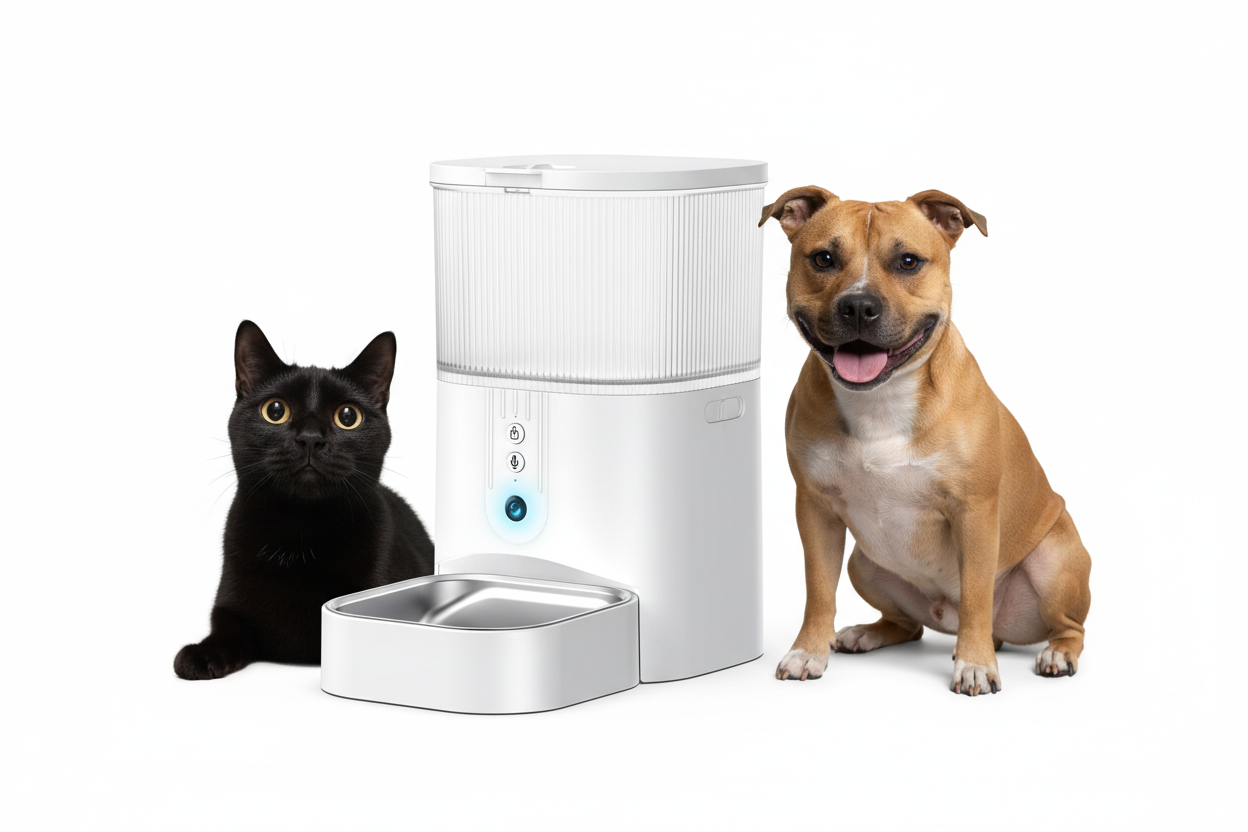 Black cat and tan dog with WiFi smart pet feeder