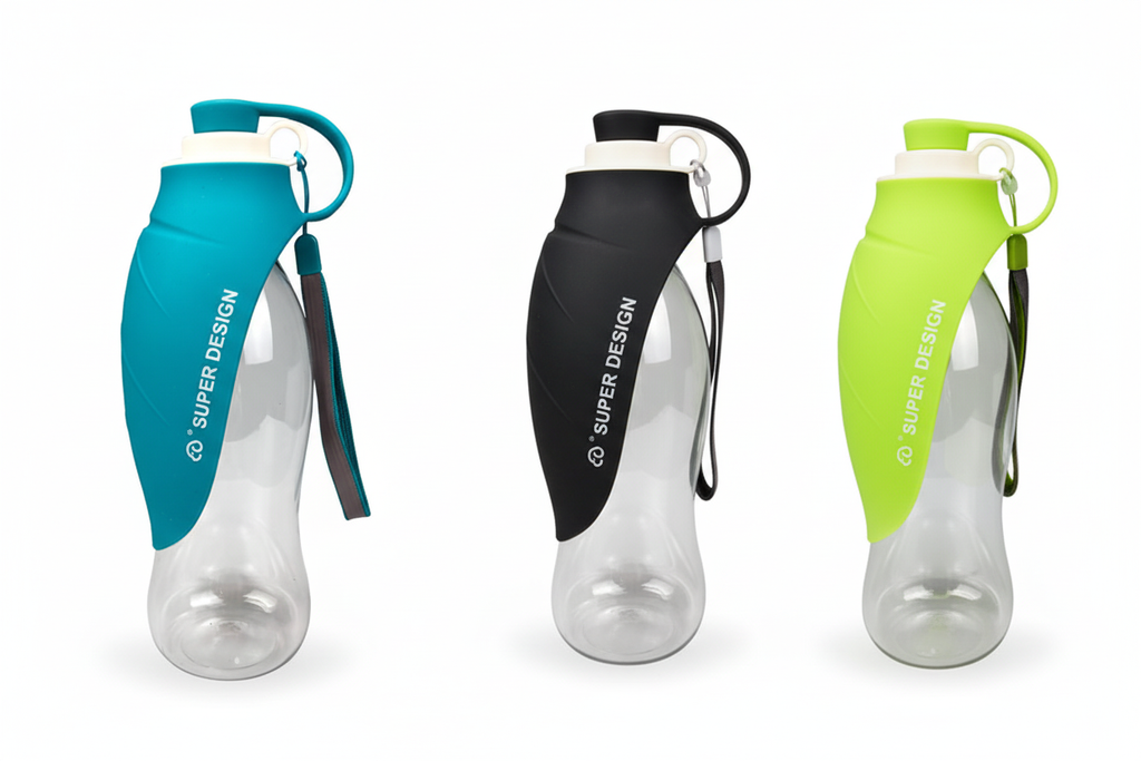 Portable pet water bottles in three colors - teal, black, and lime green