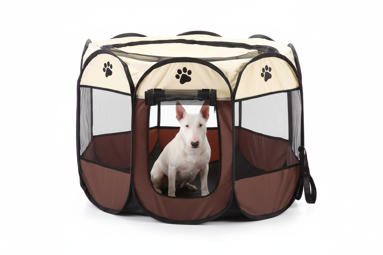 White Bull Terrier in brown and cream pet tent