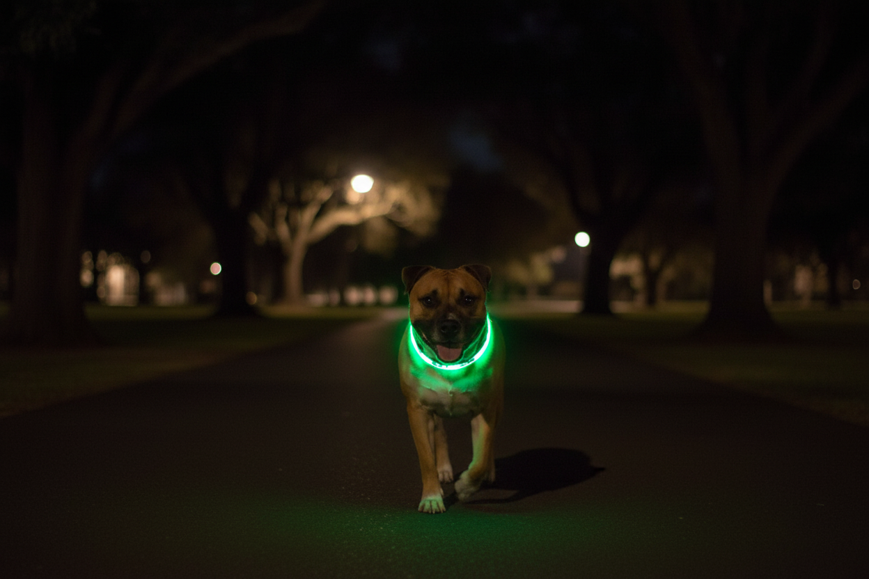 Dog wearing green LED camouflage collar at night