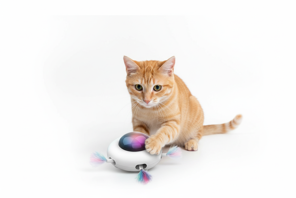 Orange and white tabby cat playing with automatic feather teaser toy