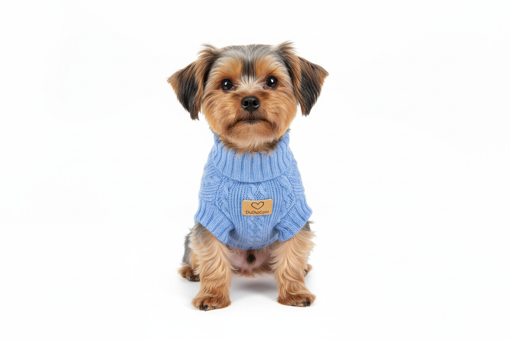 Yorkshire terrier wearing sky blue wool sweater