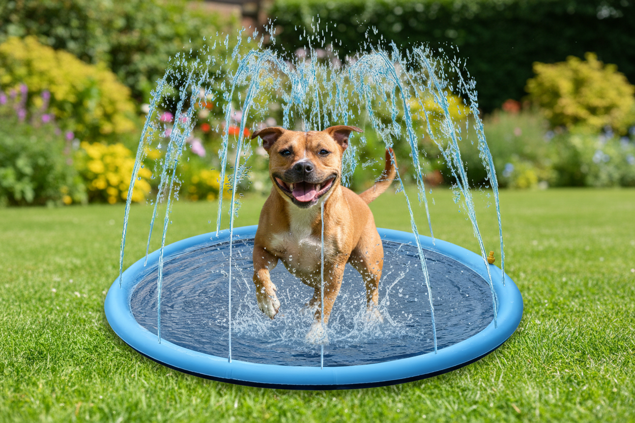 Tan dog playing on water spray mat