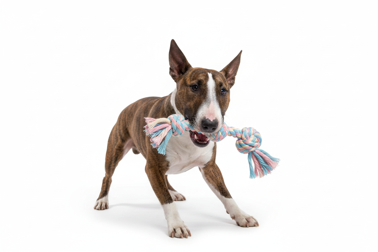 Brindle dog playing tug-of-war with rope toy
