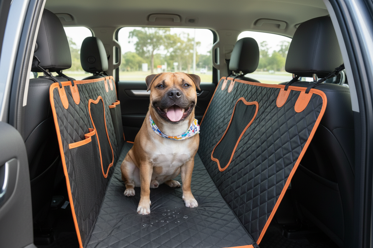 Staffordshire terrier on waterproof car seat cover