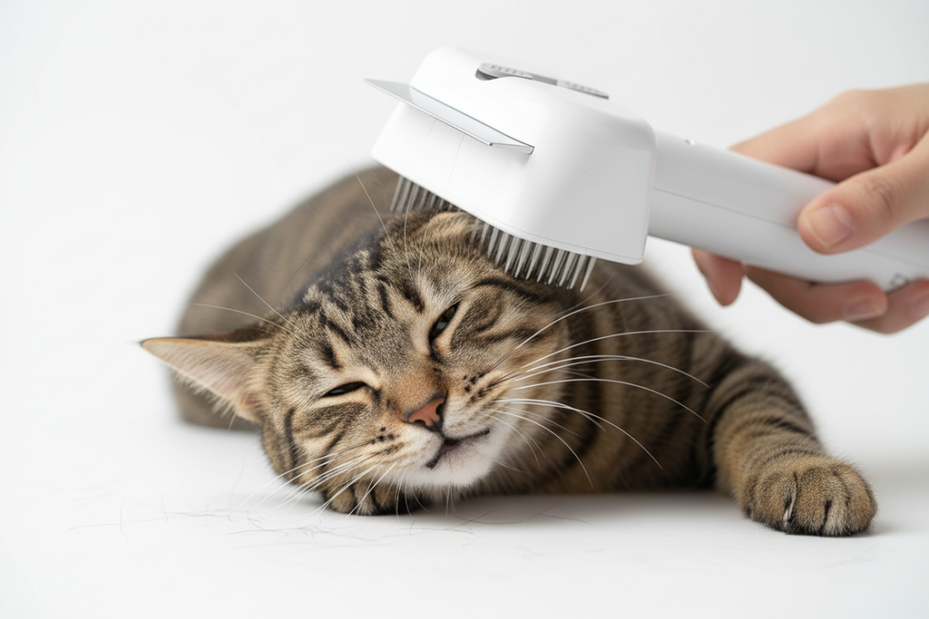 Tabby cat being groomed with 3-in-1 pet comb