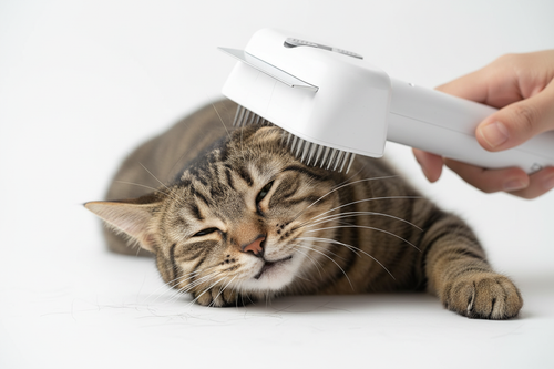 Tabby cat being groomed with 3-in-1 pet comb