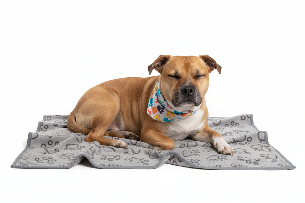 Staffordshire terrier on paw print fleece blanket