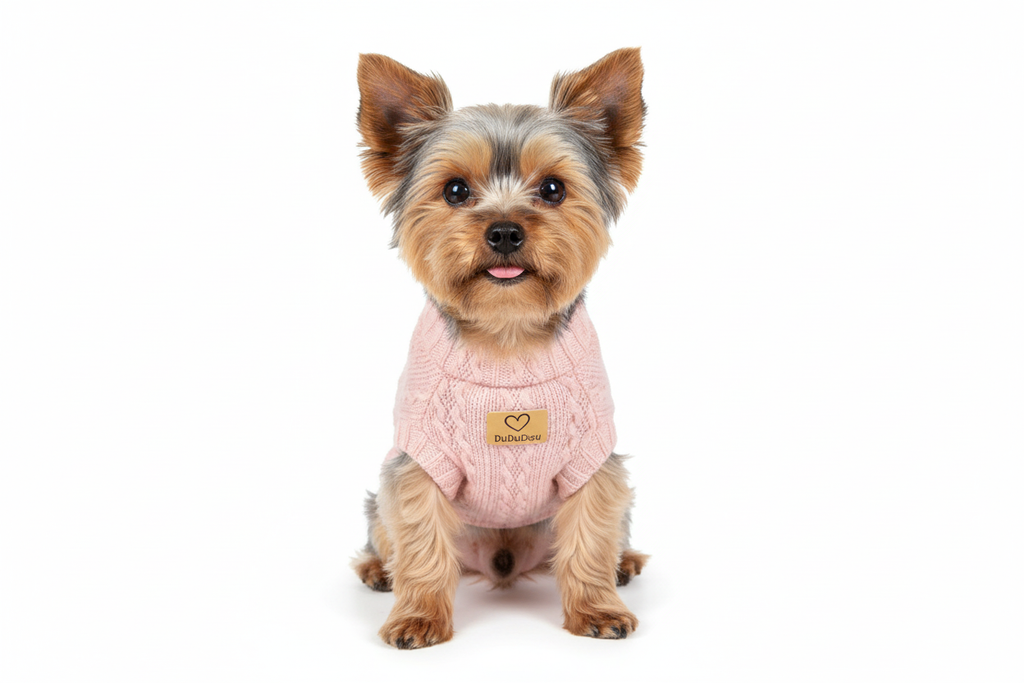 Yorkshire terrier wearing pink wool sweater
