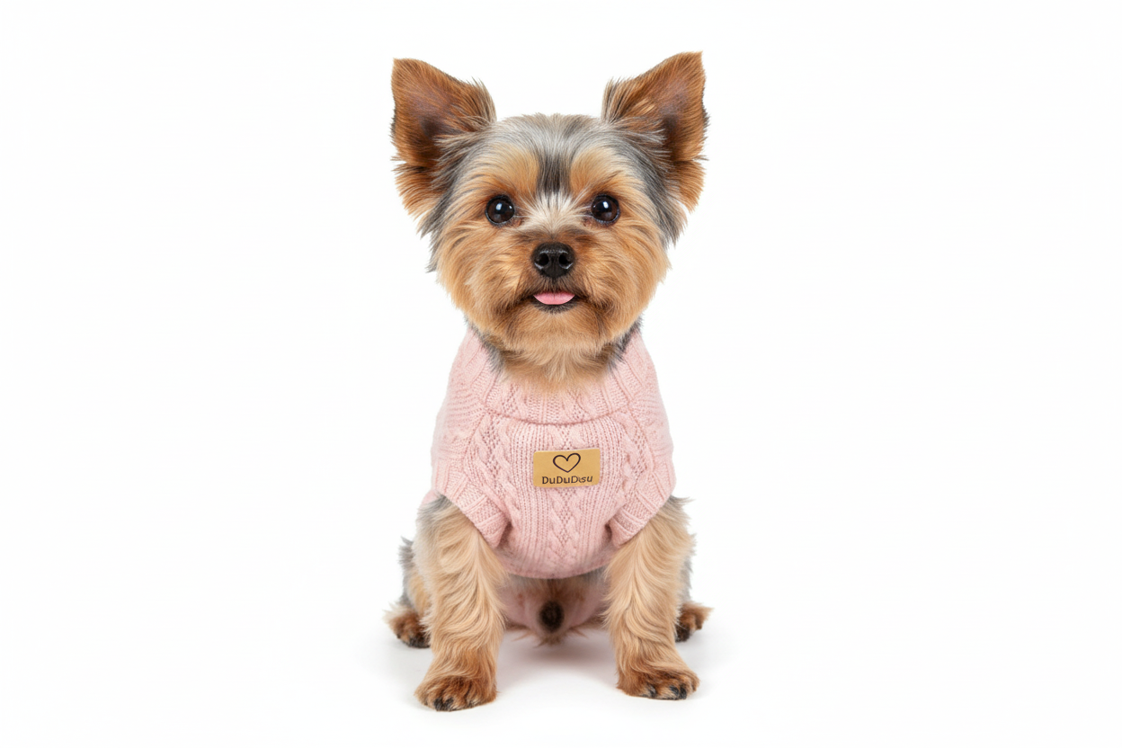 Yorkshire terrier wearing pink wool sweater