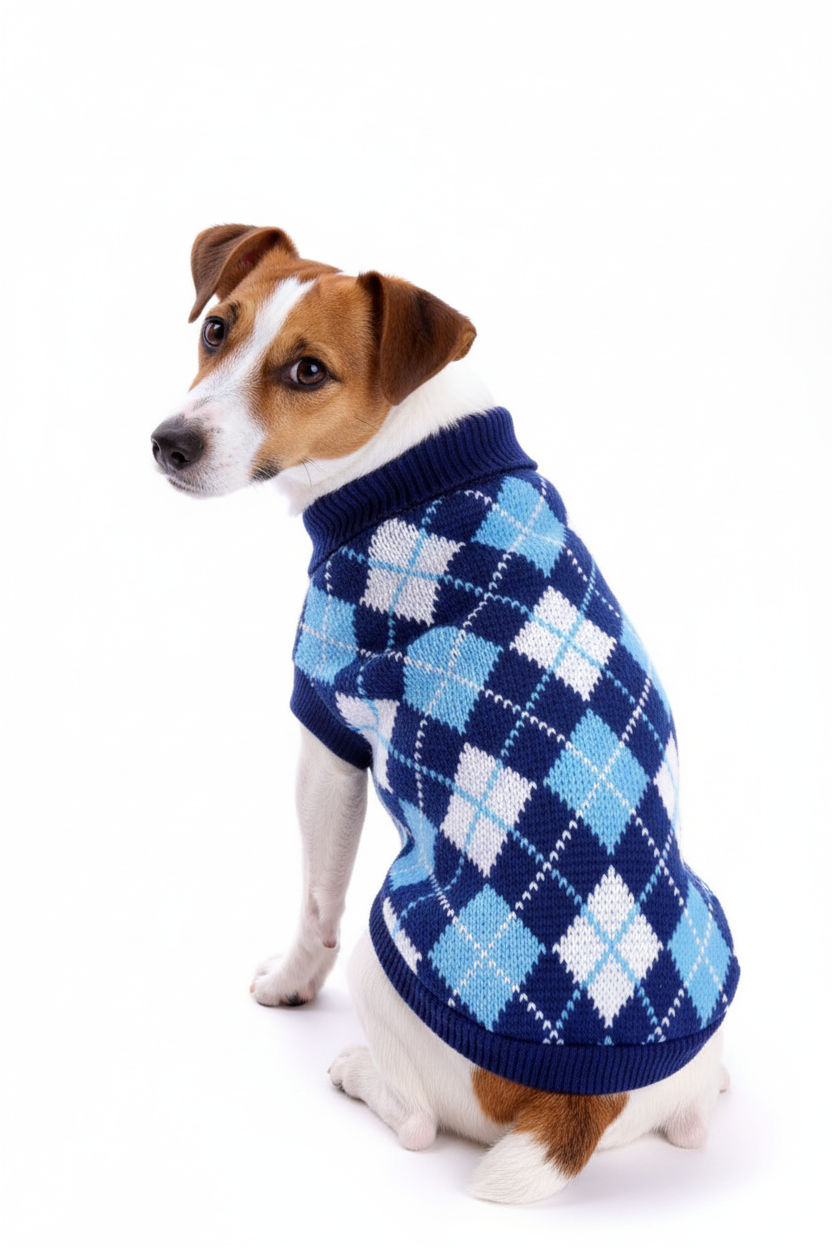 Jack Russell in Blue Argyle Sweater