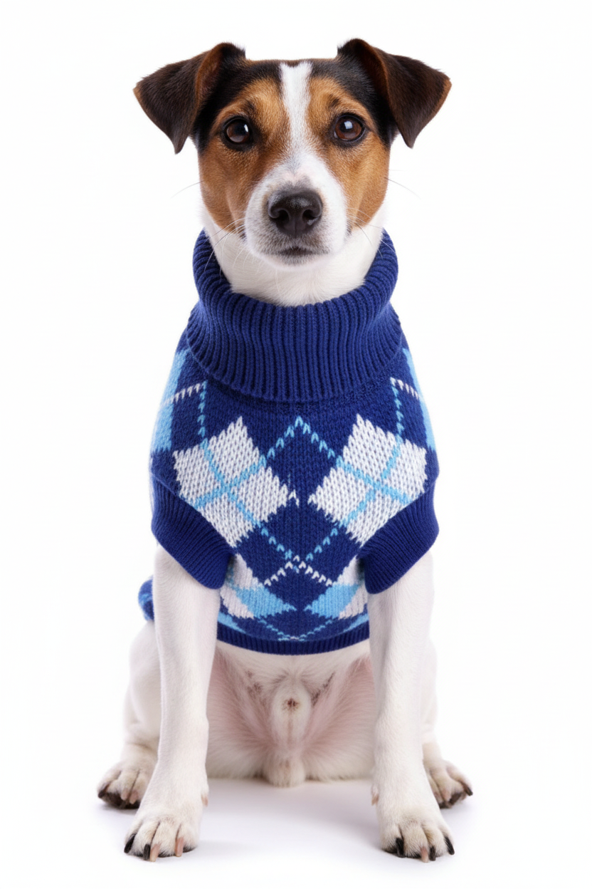 Jack Russell in Navy Blue Argyle Sweater