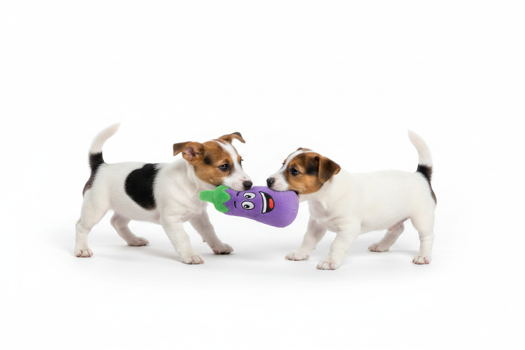 Jack Russell Puppies Tug of War with Eggplant Plush Toy