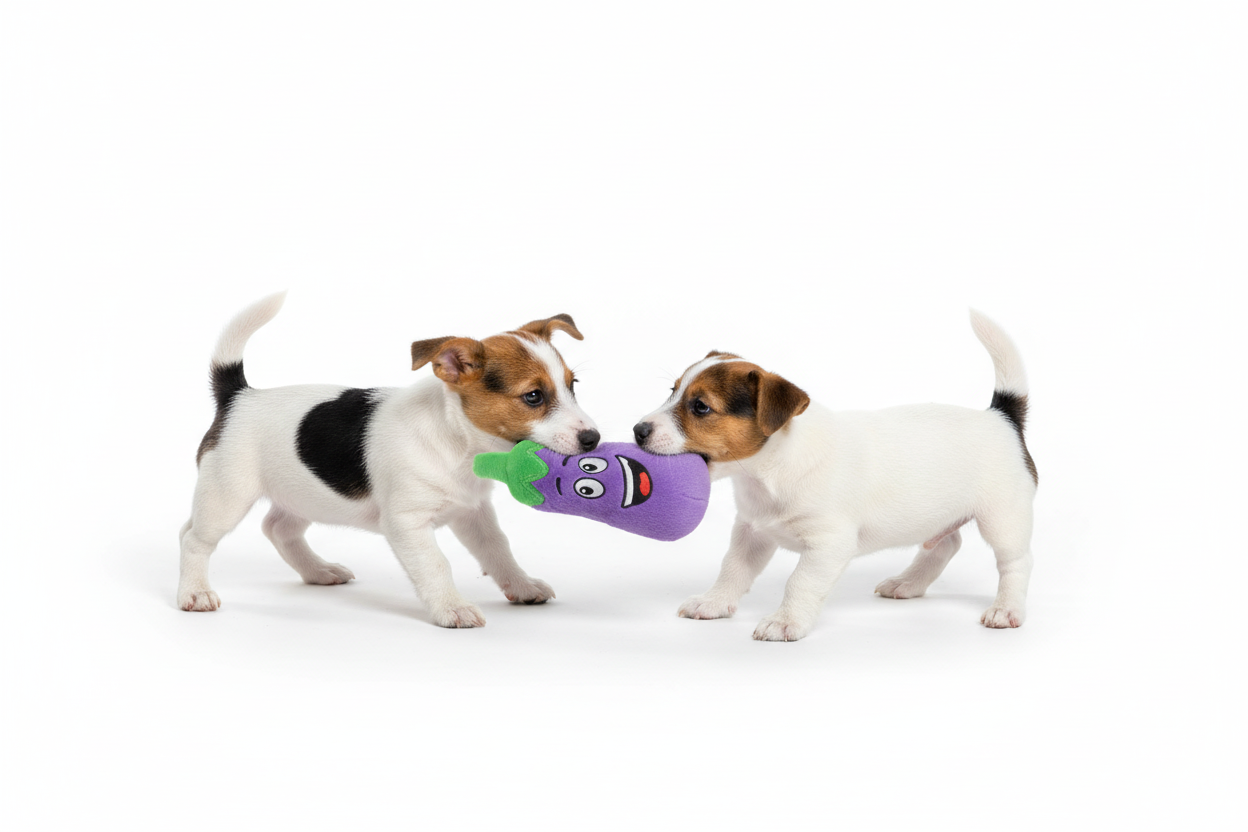 Jack Russell Puppies Tug of War with Eggplant Plush Toy