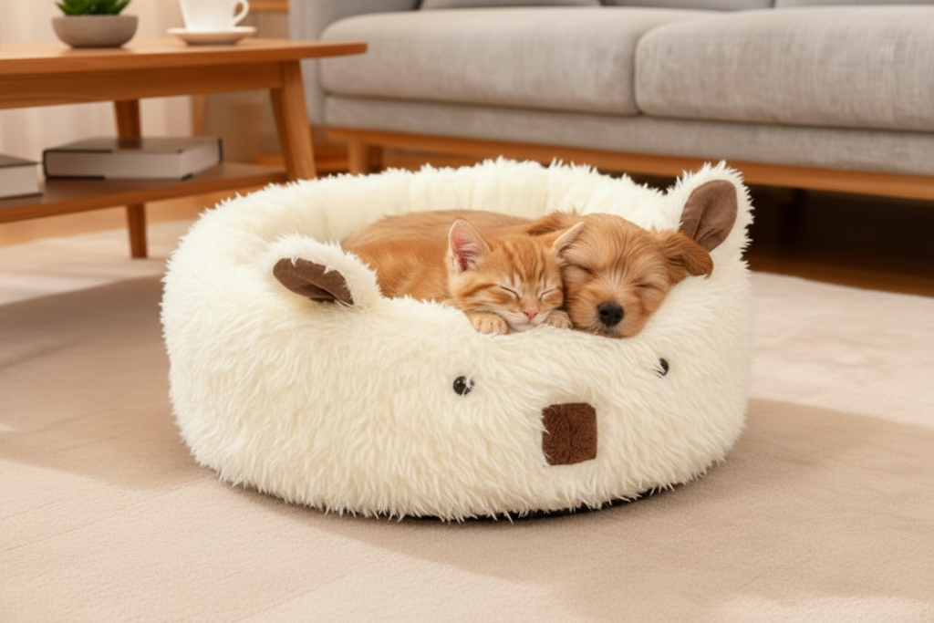 Kitten and puppy sleeping in bear bed