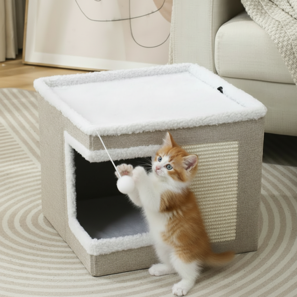 Kitten playing with single pom-pom on cat cube house