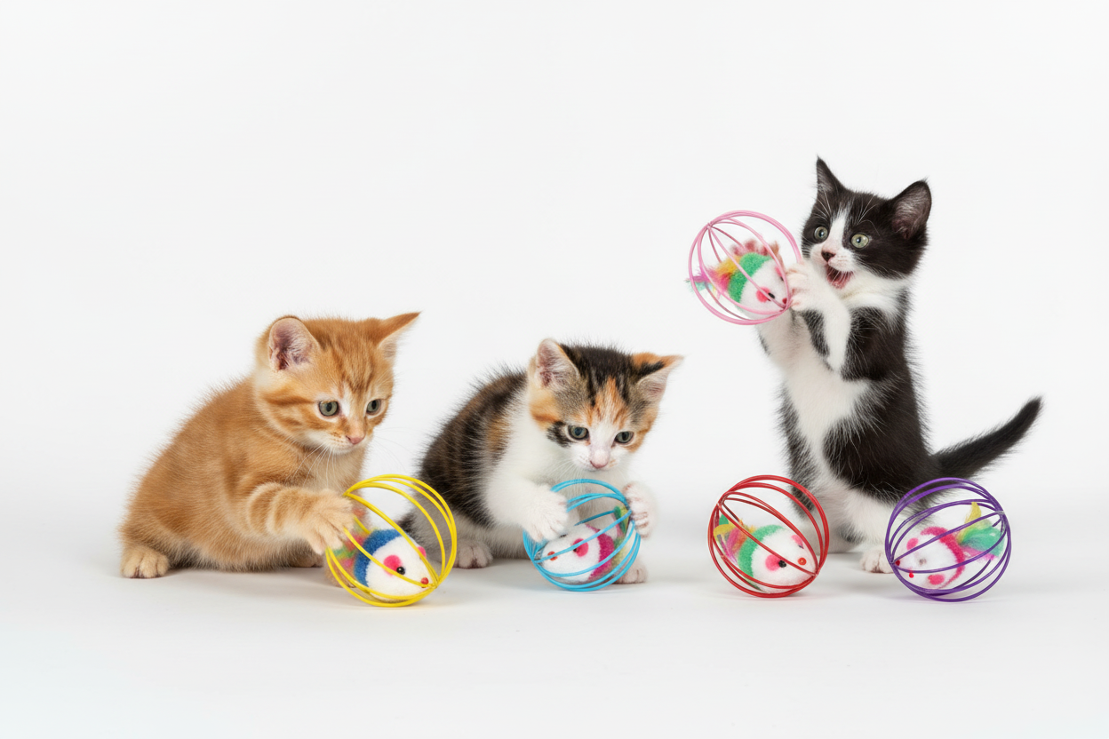 Kittens Playing with Cage Ball Mouse Toys