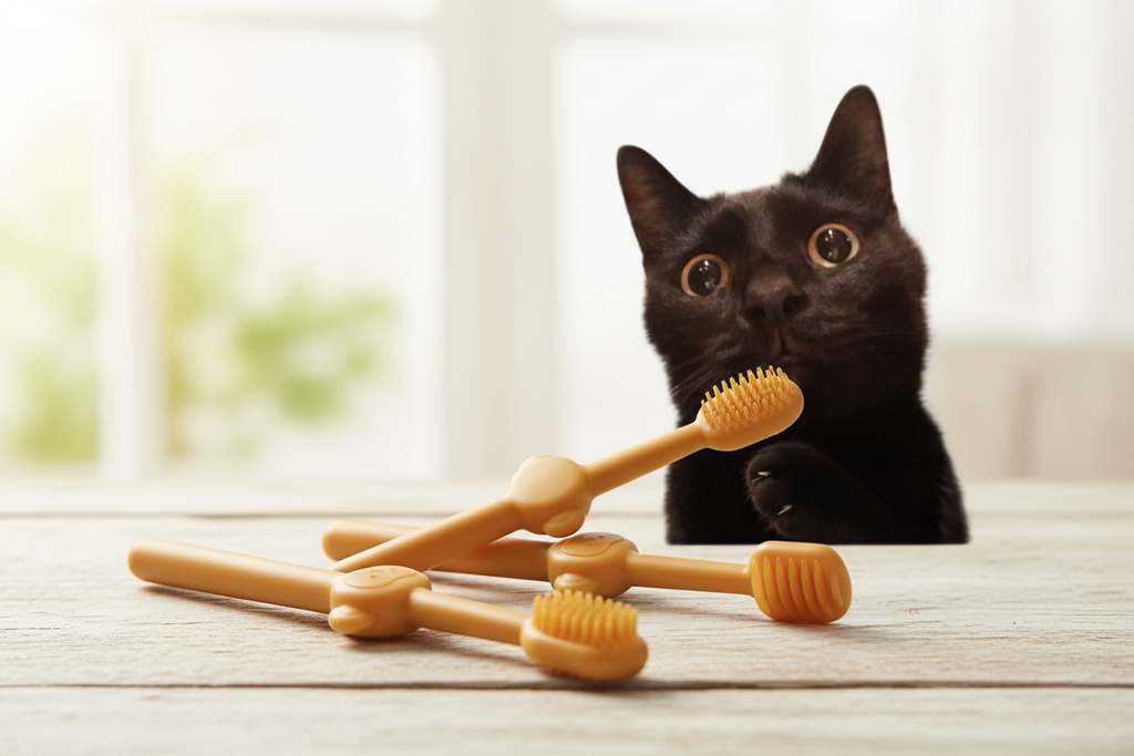 Lifestyle shot with cat and products