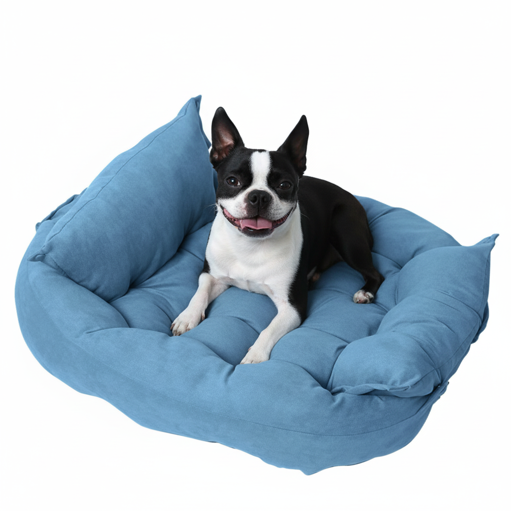 Light Blue Pet Sofa Bed with Boston Terrier