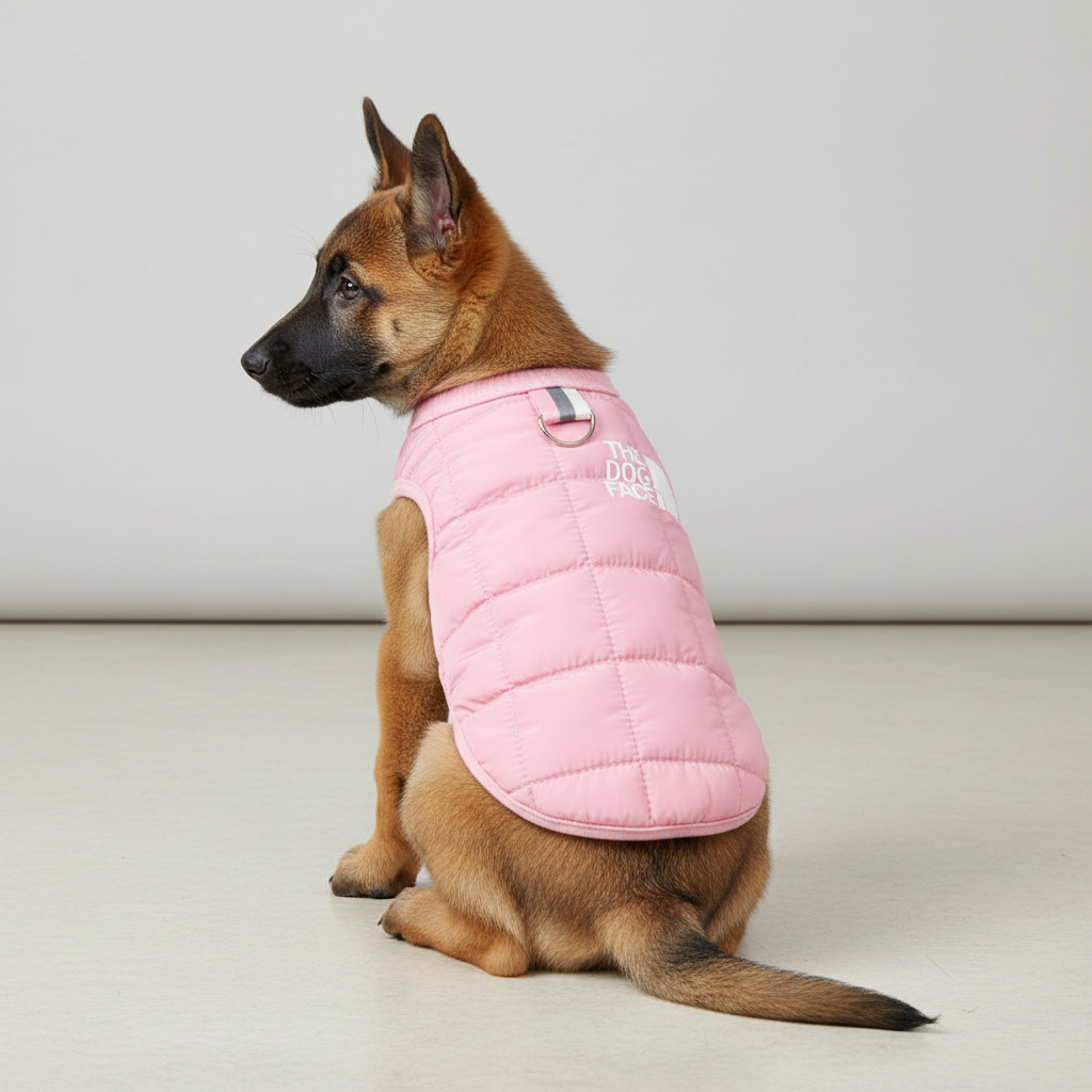 Malinois Puppy wearing The Dog Face pink jacket
