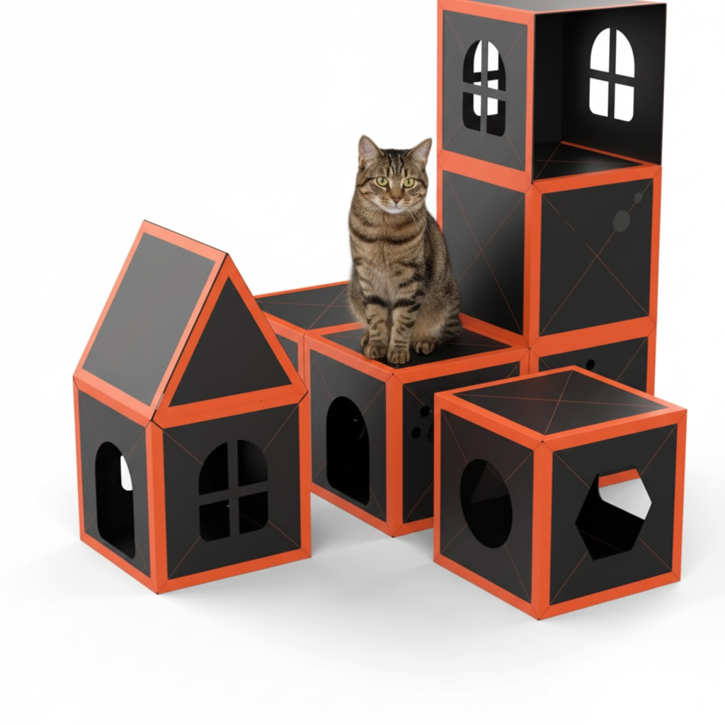 Modular Cat House with Tabby Cat