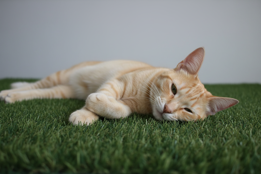 Orange tabby cat lounging on grass mat