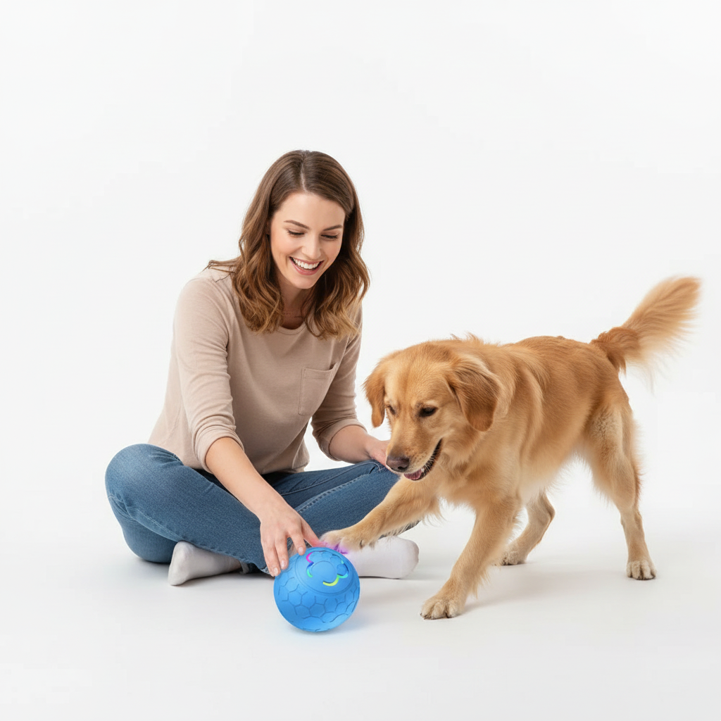 Owner and dog playing with blue interactive LED ball
