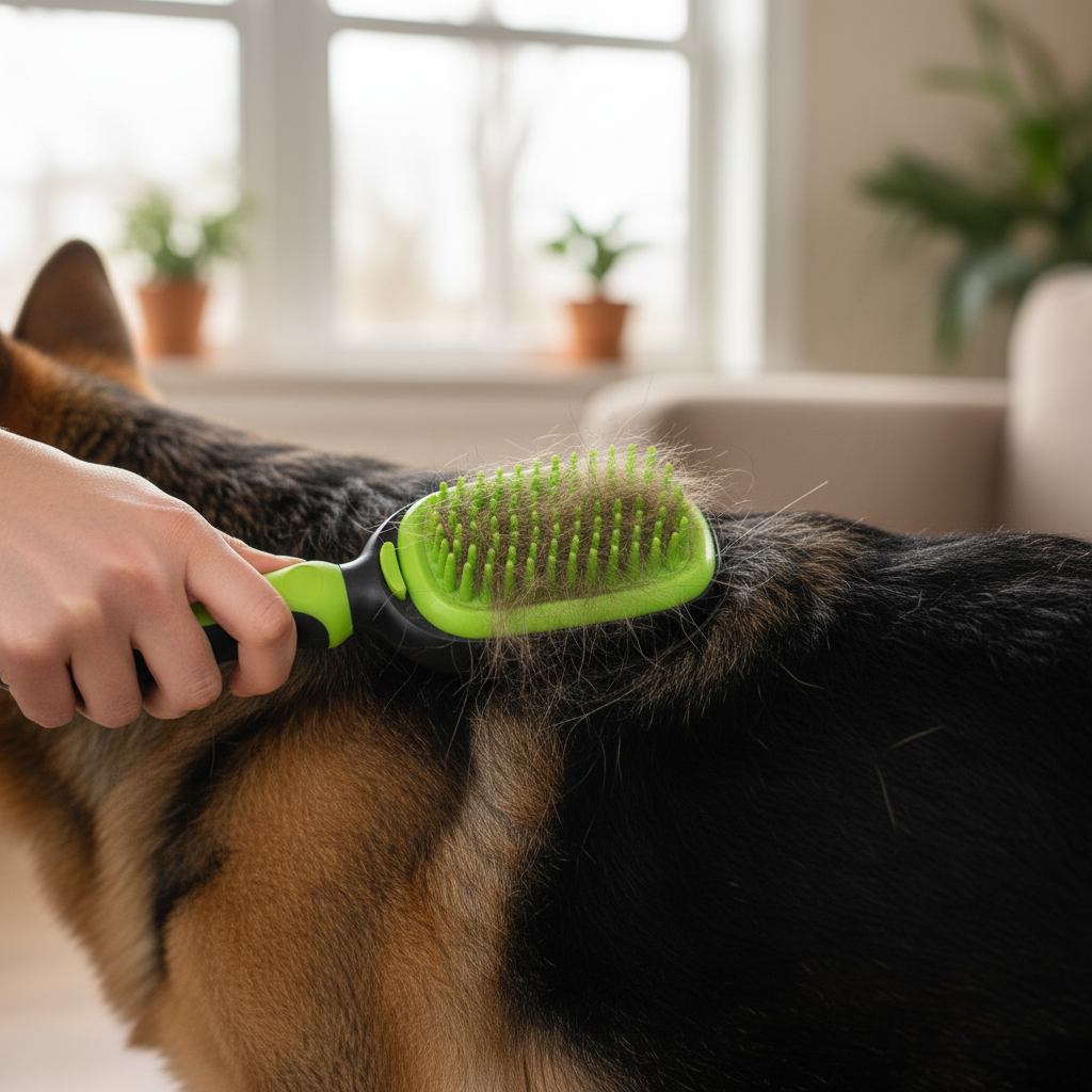 Owner Brushing German Shepherd with Grooming Kit