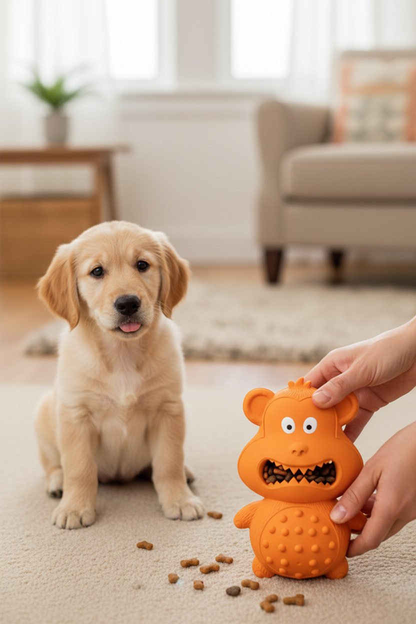 Owner Filling Monkey Treat Toy While Puppy Watches