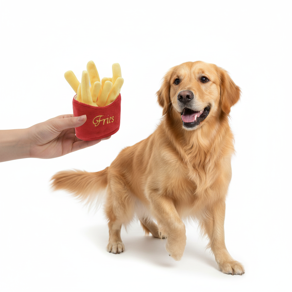 Owner Giving Plush Fries Toy to Dog