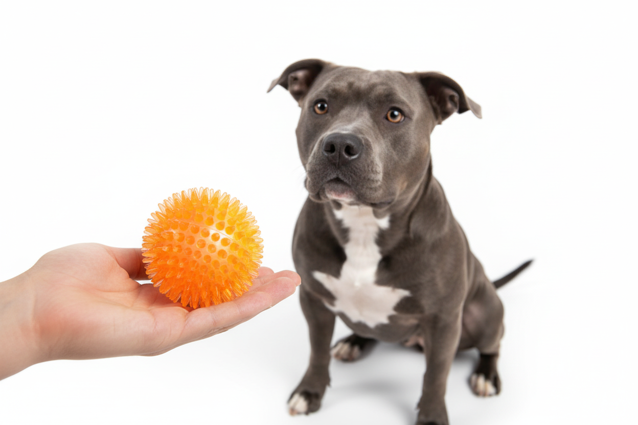 Owner giving spiky ball to Bully