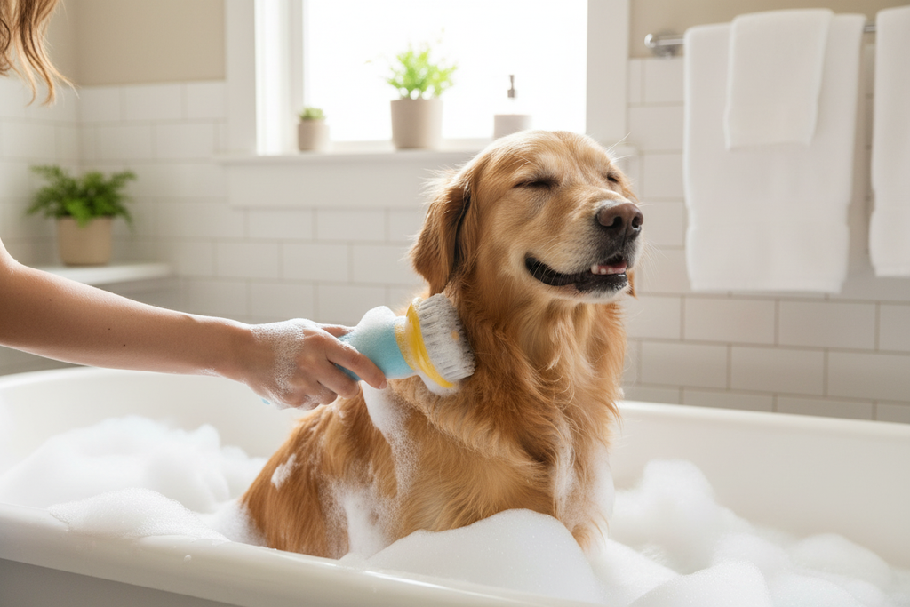 Pet grooming brush bath time
