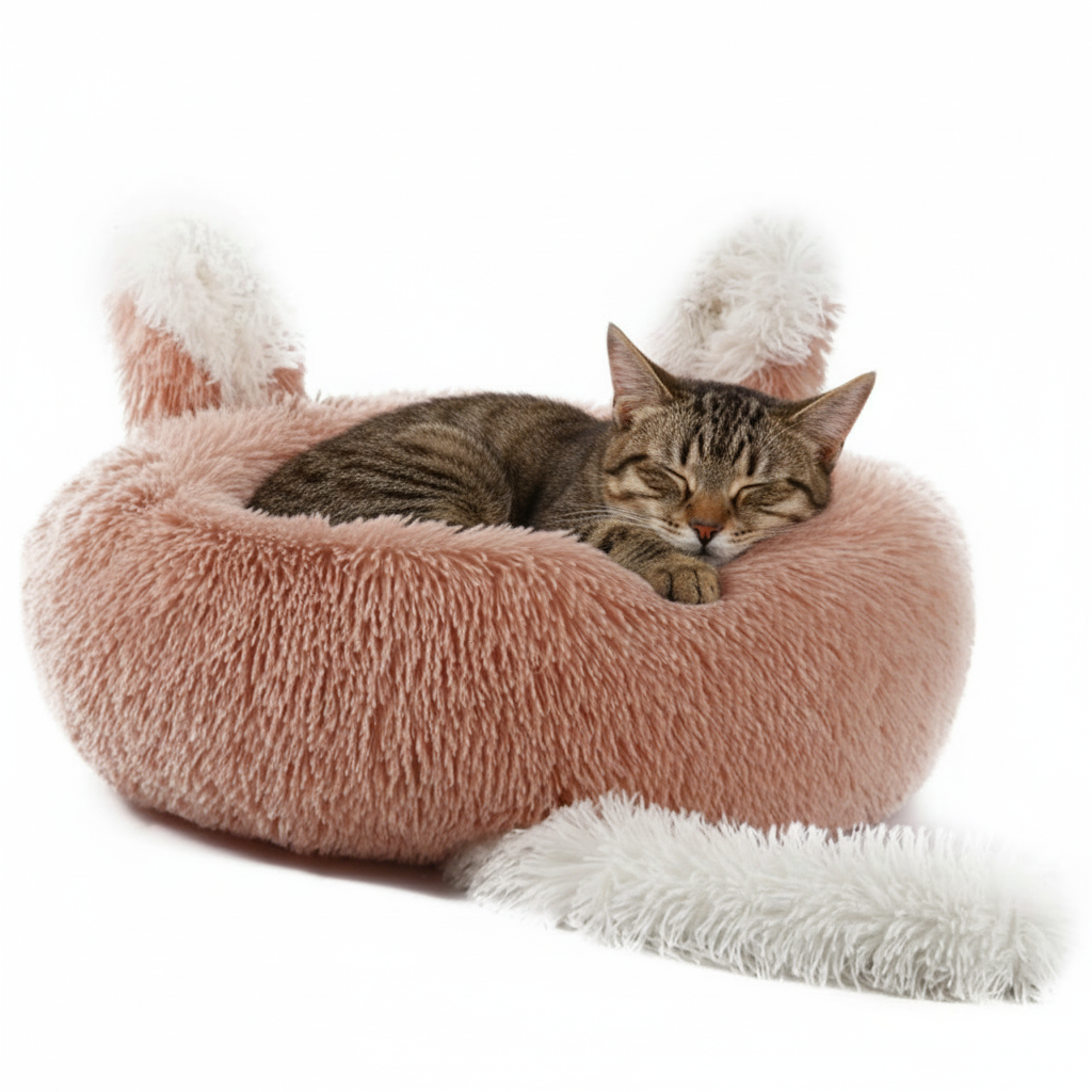 Pink Bunny Donut Bed with Tabby Cat