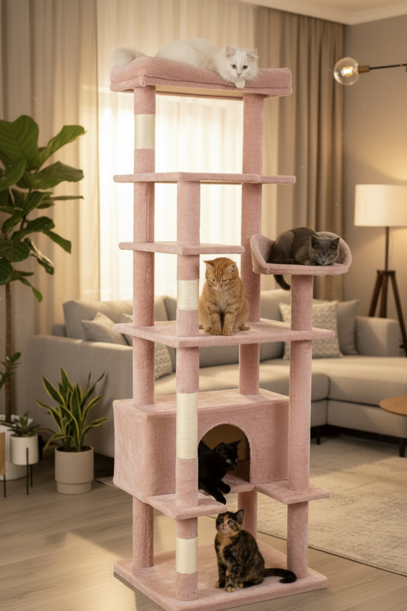 Pink Cat Tree in Lounge with Cats