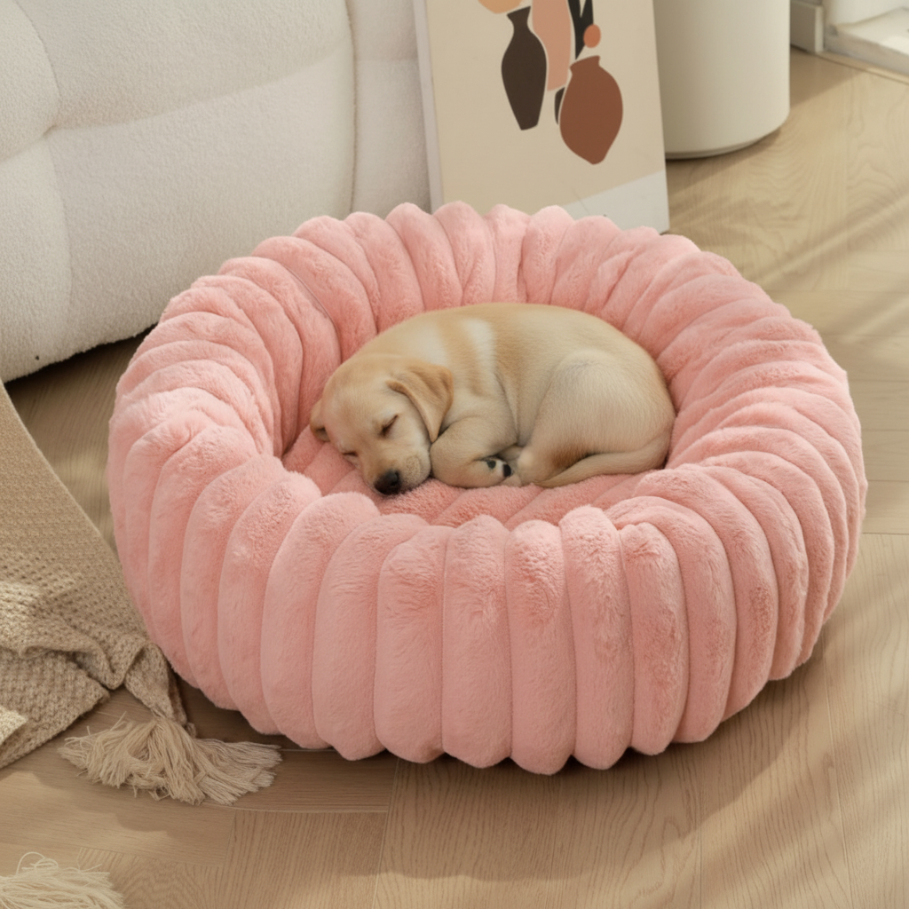 Pink Plush Bed with Lab Puppy