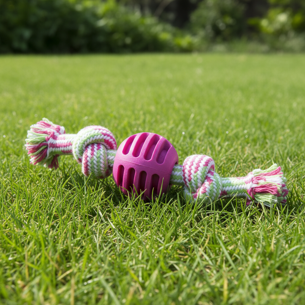 Pink rope ball toy on grass
