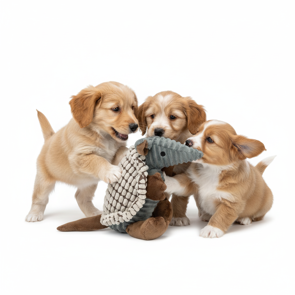 Playful puppies with armadillo plush toy
