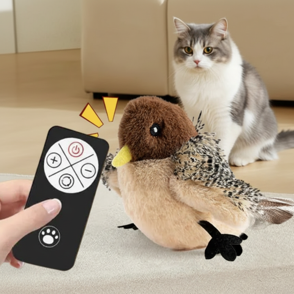 Plush Bird & Remote – Realistic Lifestyle with Cat