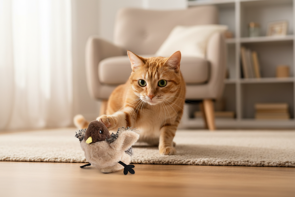 Plush Bird Toy – Cat Interacting