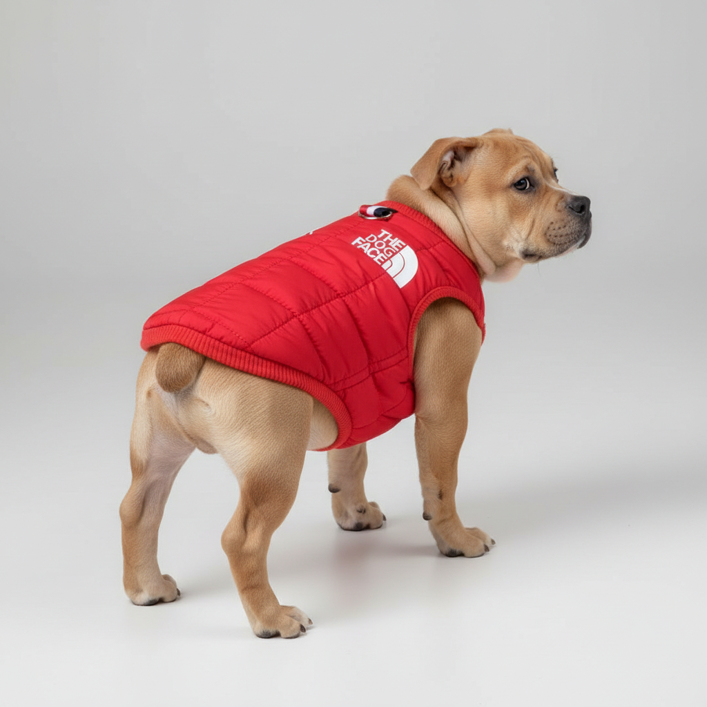 Pocket Bully Puppy wearing The Dog Face red jacket
