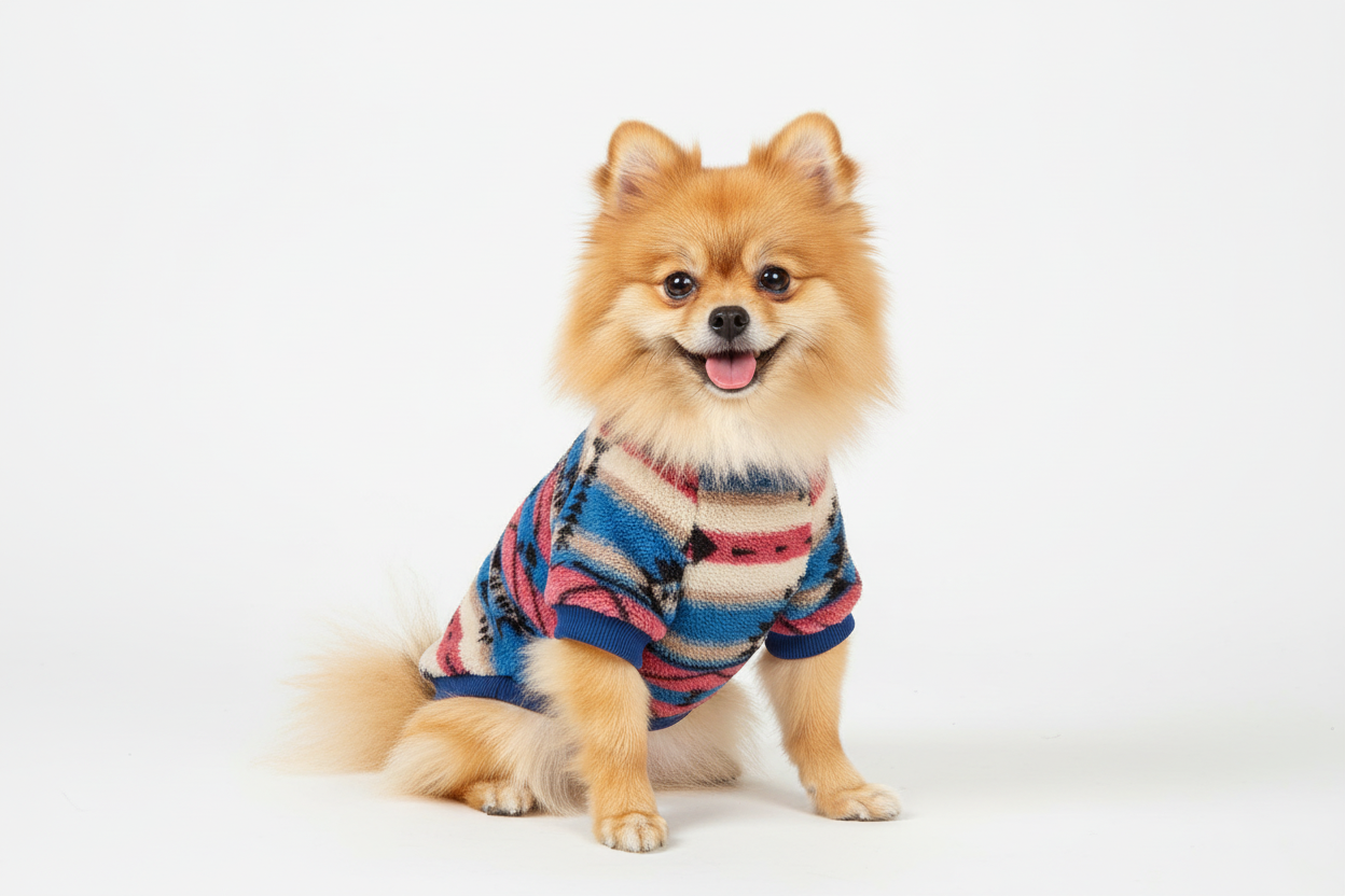 Pomeranian in ethnic plush sweater