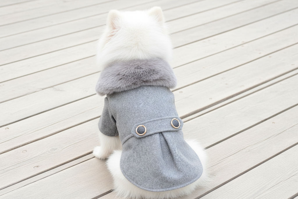 Pomeranian Wearing Grey Dog Coat