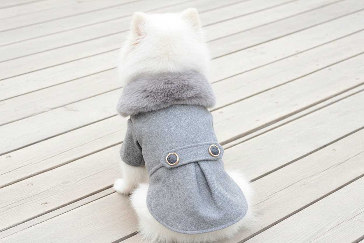 Pomeranian Wearing Grey Dog Coat