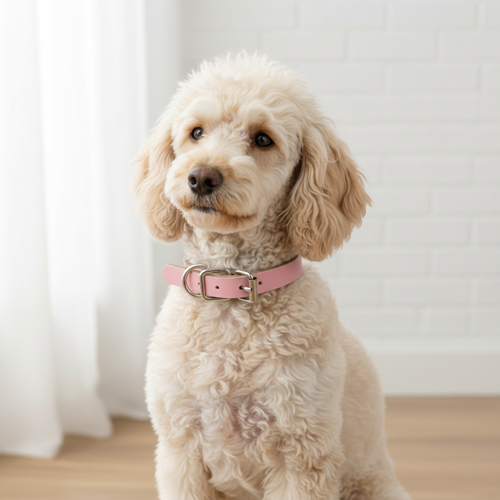 Poodle wearing pink leather collar