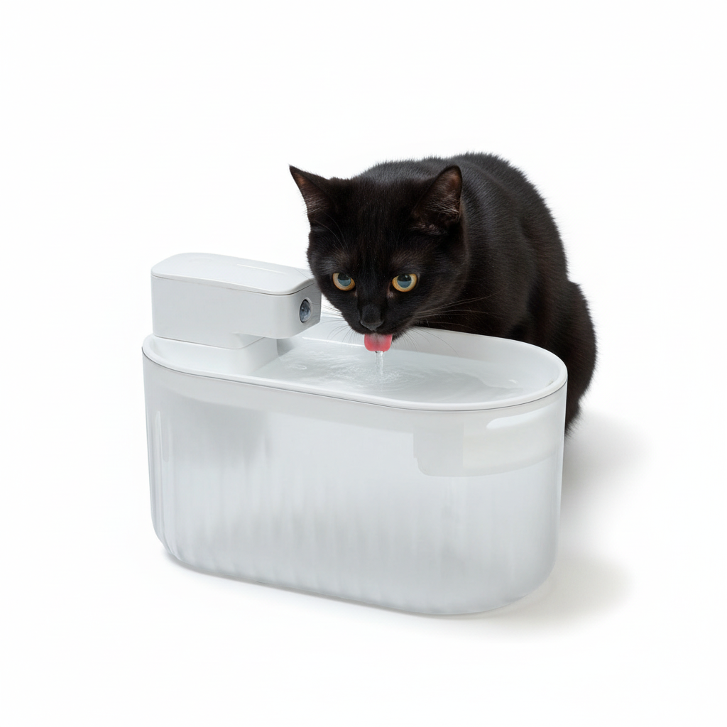 Product photo with black cat and water fountain