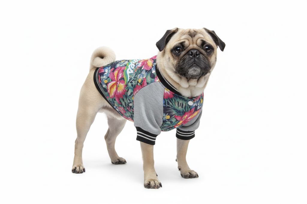 Pug in tropical floral jacket