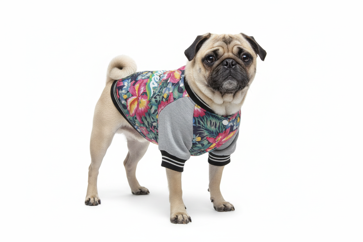 Pug in tropical floral jacket