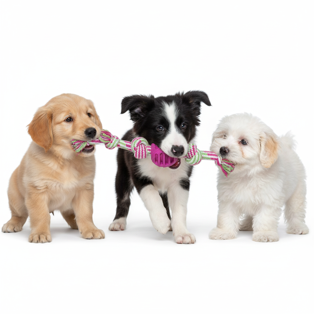 Puppies playing with pink rope ball toy