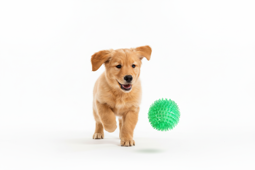 Puppy chasing spiky ball